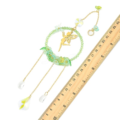 Teardrop Flower Glass & Acrylic Beads Suncatcher with 201 Stainless Steel Fairy Pendants HJEW-JM04988-01-1