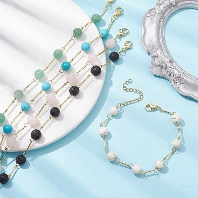 Natural & Synthetic Mixed Round Beaded Link Chain Bracelet BJEW-JB09970-1