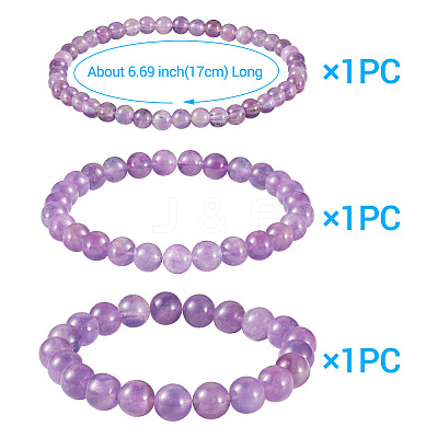 3Pcs Natural Amethyst Beads Stretch Bracelets for Women BJEW-TAC0033-1