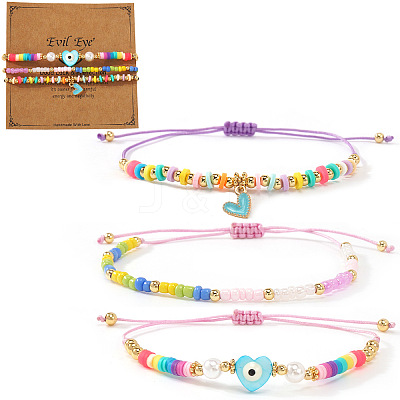 3Pcs Glass Seed Bead & Resin & Brass Braided Bead Bracelets LW3639-5-1