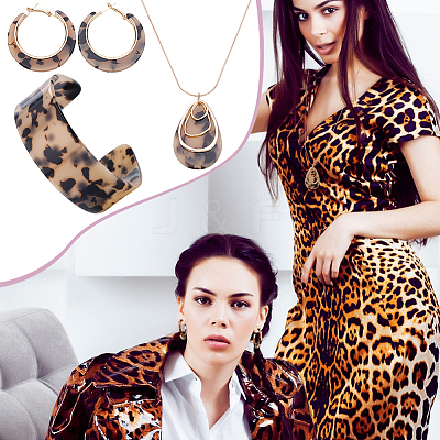 Teardrop Leopard Print Plastic Pendant Necklace & Hoop Earring & Cuff Bangle for Women SJEW-WH0006-10-1