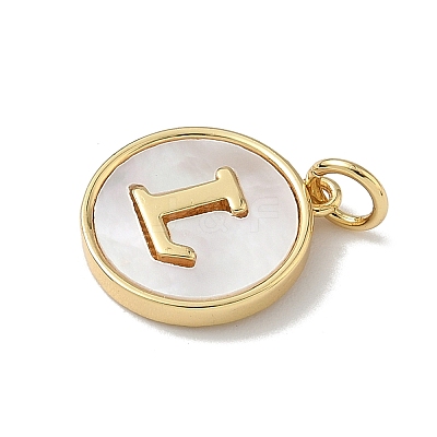 Brass Pave Natural Shell Flat Round with Letter Charms KK-Z115-13G-L-1