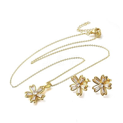 Flower Brass Micro Pave Cubic Zirconia Stud Earrings & Pendant Necklaces Sets SJEW-Z002-02G-1