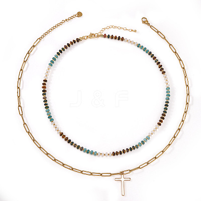 Stainless Steel Religion Cross Pendant Colorful Natural Mixed Gemstone Rondelle Beaded Double Layer Necklaces for Women KG2971-1