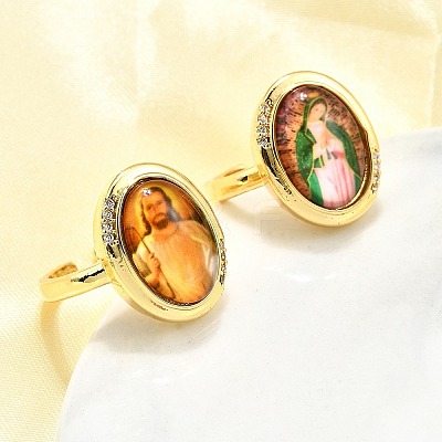 Jesus & Virgin Mary Theme Brass Micro Pave Clear Cubic Zirconia Cuff Rings for Women KK-D343-15G-1