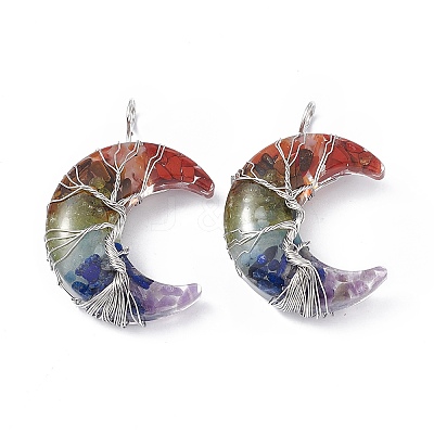 7 Chakra Natural Mixed Stone Chip Copper Wire Wrapped Big Pendants G-F733-03A-1