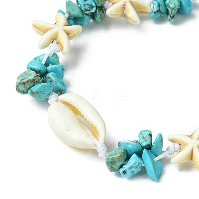 Synthetic Turquoise Starfish & Natural Shell Braided Bead Bracelets BJEW-TA00371-1