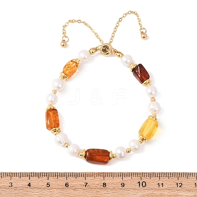 Adjustable Brass Cable Chains & Natural Cultured Freshwater Pearl & Amber Beads Slider Bracelets for Women BJEW-JB13325-1