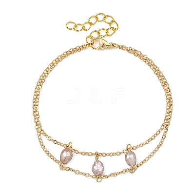 Brass Cable Chains & Rice Natural Cultured Freshwater Pearl Double Layers Bracelets for Women BJEW-JB14135-1