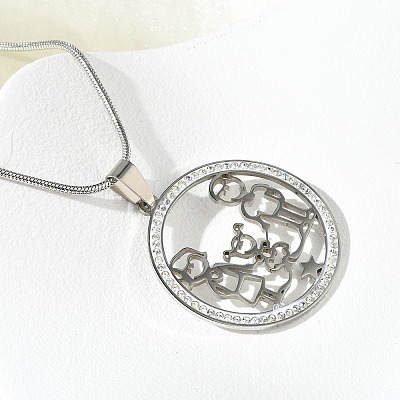 201 Stainless Steel Crystal Rhinestone Ring with Family Pendant Necklaces for Mother's Day Gift NJEW-P327-04P-B-1