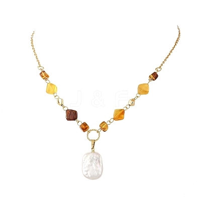 Rectangle Natural Baroque Keshi Pearl Pendant 304 Stainless Steel Natural Amber Rhombus Beaded Chain Necklaces NJEW-JN06664-1