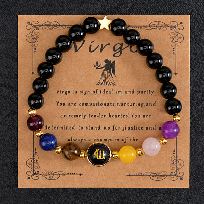 12 Zodiac Sign Natural Black Obsidian Round Beads Stretch Bracelets for Men Women WG228FC-11-1