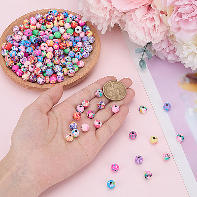250Pcs Flower Printed Handmade Polymer Clay Beads CLAY-SP0001-18-1