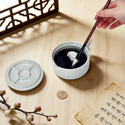 Column with Bamboo Pattern Porcelain Inkslab with Brush Holder AJEW-WH0709-414-1