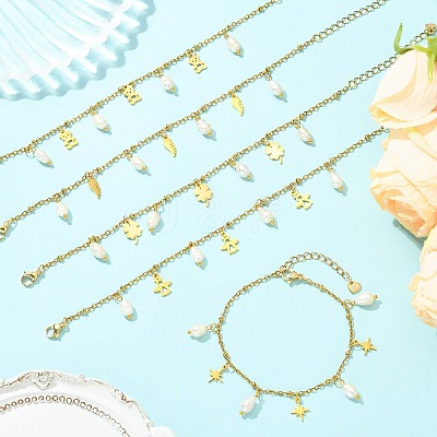 304 Stainless Steel & Electroplated Glass Natural Cultured Freshwater Pearl Charm Bracelets BJEW-JB13978-1