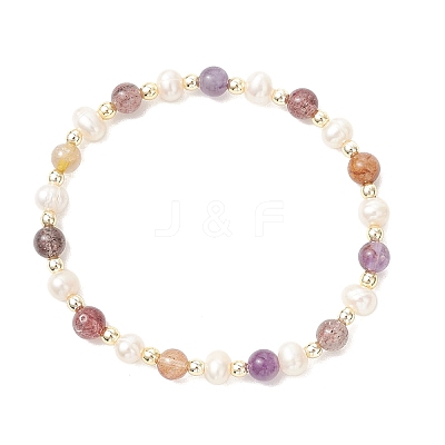 Natural Auralite 23 & Cultured Freshwater Pearl Beaded Stretch Bracelets for Women BJEW-JB13356-1