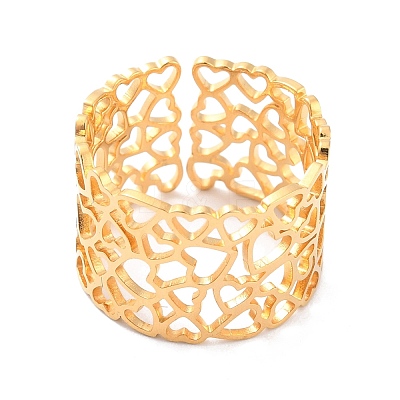 Ion Plating(IP) 304 Stainless Steel Heart Hollow Cuff Ring RJEW-L103-11G-1