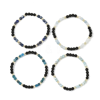 4Pcs 4 Styles Natural Mixed Stone Faceted Cube and Round Natural Lava Rock Beaded Stretch Bracelets for Women BJEW-JB14250-01-1