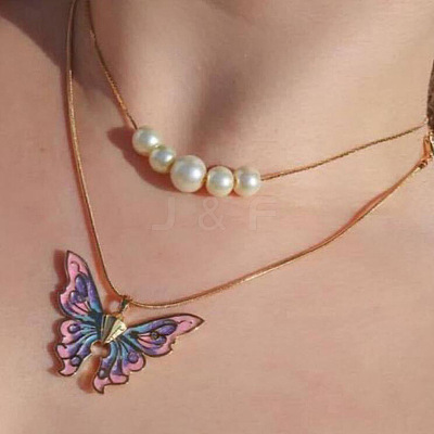 Alloy Enamel & Round Imitation Pearl Double Layered Butterfly Pendant Necklaces for Women WG304A4-01-1