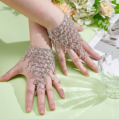 2Pcs Brass Rhinestone Chain Finger Rings Bracelet BJEW-ME0001-01S-1