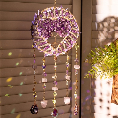 Heart Natural Gemstone Chips Hanging Suncatchers RN-CBA387D-04G-03-1
