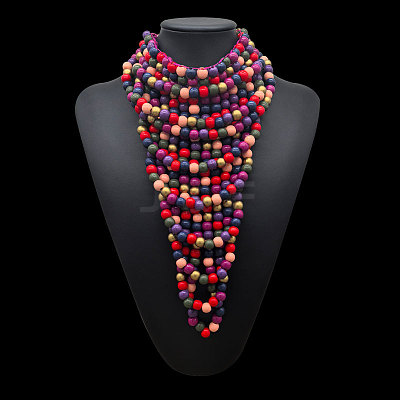 Round Wood Beaded Multi Layered Bib Necklaces for Women FS-WG9E278-01-1