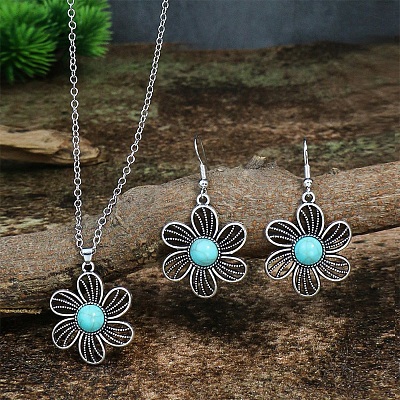 Synthetic Turquoise Pendant Necklaces & Dangle Earrings Sets WGE96E9-02-1