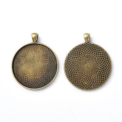 Tibetan Style Flat Round Alloy Big Pendant Cabochon Settings TIBEP-Q049-09AB-NR-1