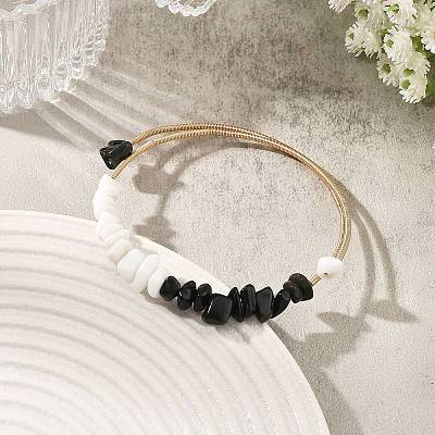 Natural Obsidian & Glass Chip Steel Memory Wire Cuff Bangles for Women BJEW-JB14381-1