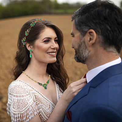 Rhinestone Olive Leaf Dangle Stud Earrings & Pendant Necklace & Bridal Headband SJEW-CA0001-01-1