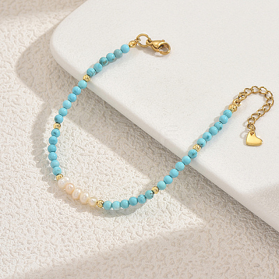 Bohemian Natural Freshwater Pearl and Round Sunthetic Turquoise Beaded Bracelets for Women CW6514-1