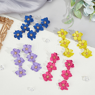 4 Pairs 4 Colors Alloy Flower Dangle Stud Earrings for Women EJEW-FI0002-99-1