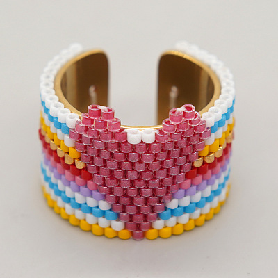 Adjustable Bohemian Style 304 Stainless Steel and Glass Seed Beads Cuff Rings FS-WG09053-02-1