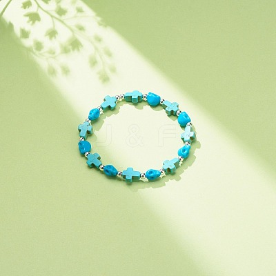 Synthetic Turquoise(Dyed) Cross & Skull Beaded Stretch Bracelet BJEW-JB08451-04-1