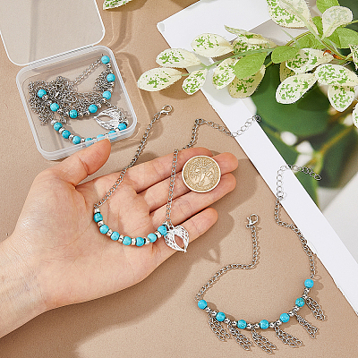 4Pcs 2 Styles Heart Wing Zinc Alloy Charm with Synthetic Turquoise Beads Boot Strap Chains BJEW-FH00002-1