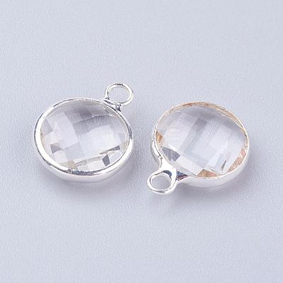 Silver Color Plated Brass Glass Flat Round Charms GLAA-M003-A-21S-1