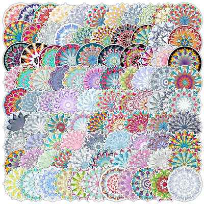 100Pcs Mandala Style PVC Flower Sticker Labels MAND-PW0001-21-1