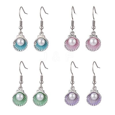 4 Pair 4 Color Alloy Enamel Shell Shape Dangle Earrings with Plastic Pearl Beaded EJEW-JE05249-1