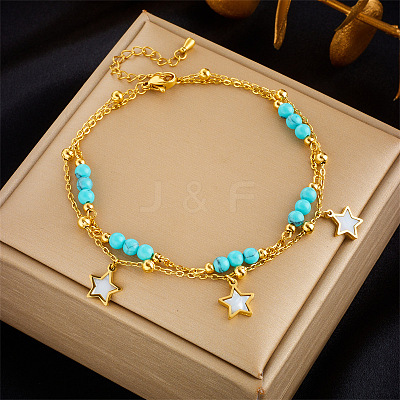 304 Stainless Steel & Round Synthetic Turquoise & Natural Shell Charm Double Layer Anklets FS-WGEF8AA-06-1