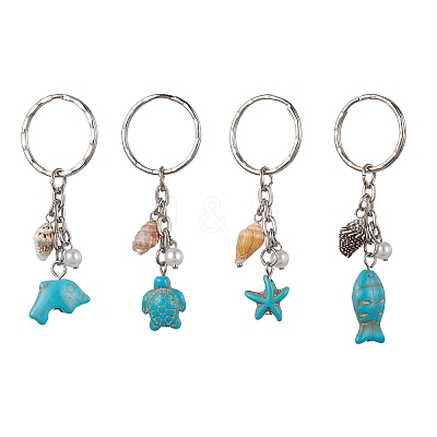 Synthetic Turquoise & Shell Pendant Keychain KEYC-JKC00653-1