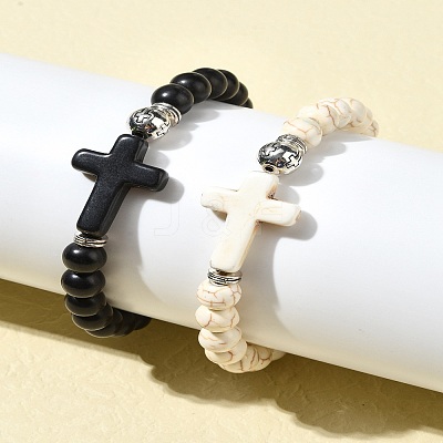 2Pcs 2 Color Dyed Synthetic Turquoise Cross & Alloy Beaded Stretch Bracelets Set BJEW-YW00002-02-1