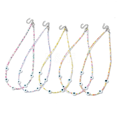 Lampwork Evil Eye & Glass Seed Beaded Necklaces NJEW-JN04376-1