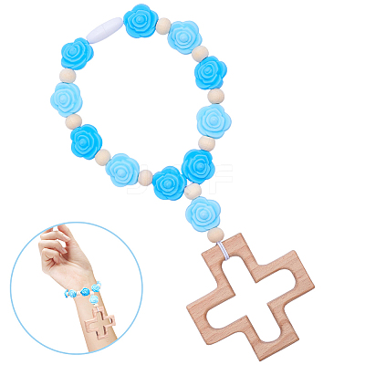 Wood & Silicone Rose Beads Hanging Ornametns HJEW-BM00072-1
