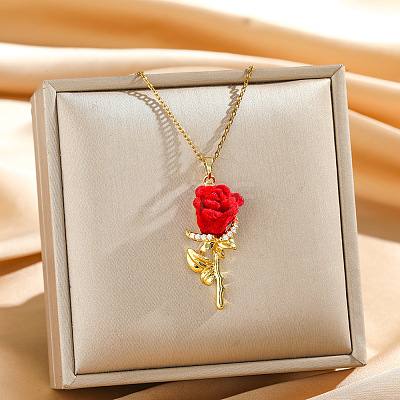 Brass Micro Pave Clear Cubic Zirconia & Plastic Red Rose Flower Pendant Necklaces for Women WGB6499-02-1
