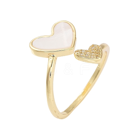 Rack Plating Heart Brass Micro Pave Cubic Zirconia Open Cuff Rings for Women RJEW-B064-16G-1