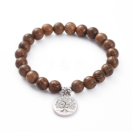  Jewelry Beads Findings Unisex Wood Beads Stretch Charm Bracelets, with 304 Stainless Steel Beads and Tibetan Style Alloy Pendants, Flat Round with Tree, Antique Silver & Stainless Steel Color, 60mm