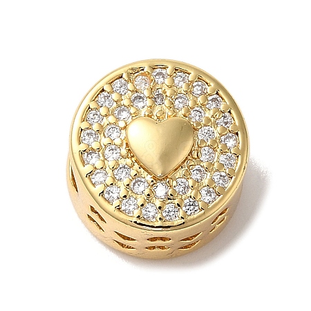 Flat Round with Heart Pattern Rack Plating Brass Micro Pave Cubic Zirconia European Beads KK-G511-03G-1