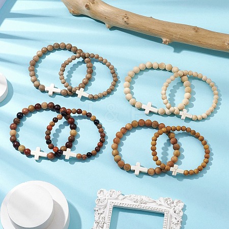 8Pcs Wood Beads Stretch Bracelets for Couple BJEW-JB11305-1