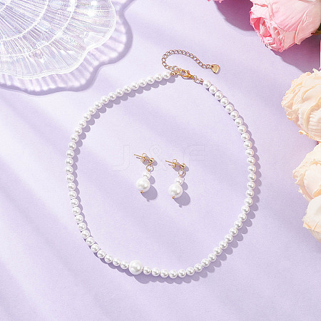 Shell Pearl Round Beaded Necklaces & Stud Dangle Earrings Sets for Women SJEW-JS01349-1