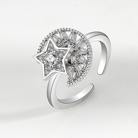 Brass Micro Pave Cubic Zirconia Rotating Cuff Rings for Women FS-WG7CCCF-06-1